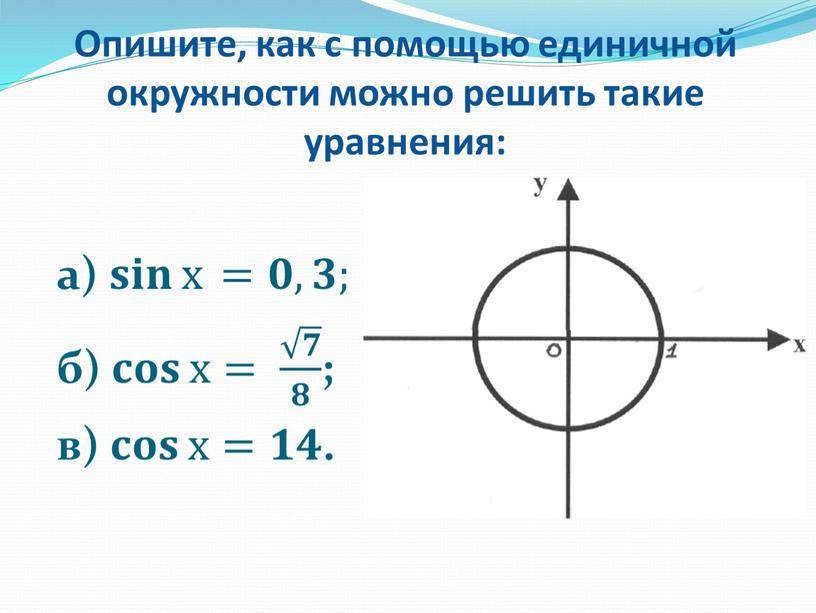Опишите, как с помощью единичной окружности можно решить такие уравнения: а) 𝐬𝐢𝐧 х =𝟎,𝟑; 𝐬𝐢𝐧 х 𝐬𝐬𝐢𝐢𝐧𝐧 𝐬𝐢𝐧 х х 𝐬𝐢𝐧 х 𝐬𝐢𝐧 х =𝟎,𝟑;…