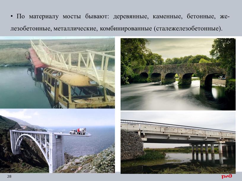 По материалу мосты бывают: деревянные, каменные, бетонные, же­лезобетонные, металлические, комбинированные (сталежелезобетонные)