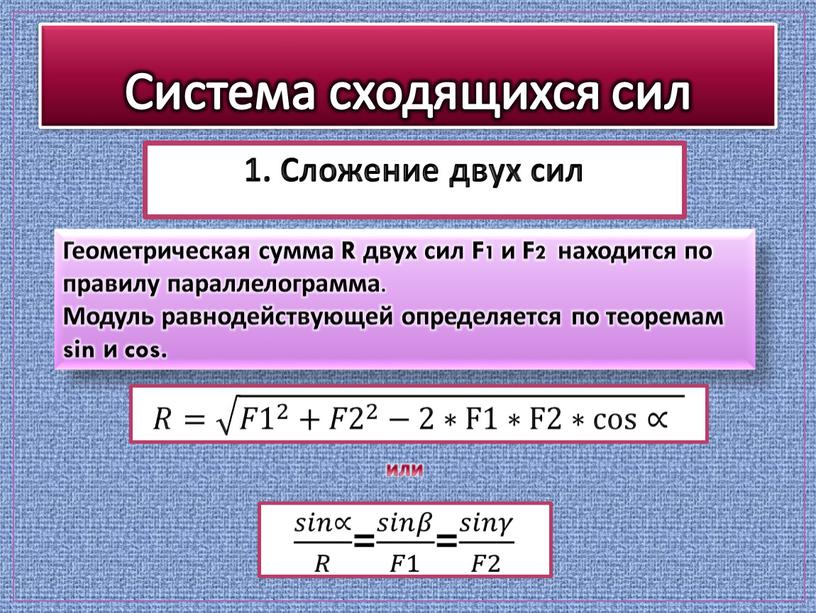 Сложение двух сил Система сходящихся сил