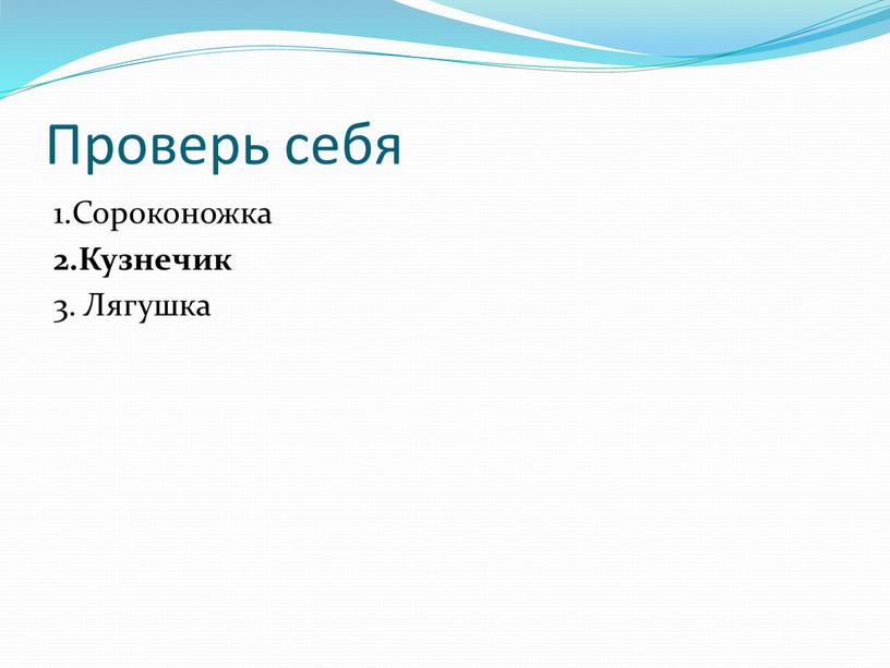 Проверь себя 1.Сороконожка 2.Кузнечик 3