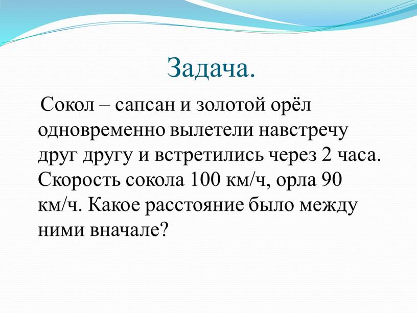 Задача. Сокол – сапсан и золотой орёл одновременно вылетели навстречу друг другу и встретились через 2 часа