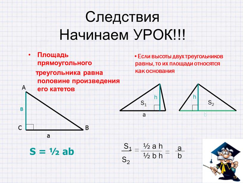 Следствия Начинаем УРОК!!! Площадь прямоугольного треугольника равна половине произведения его катетов