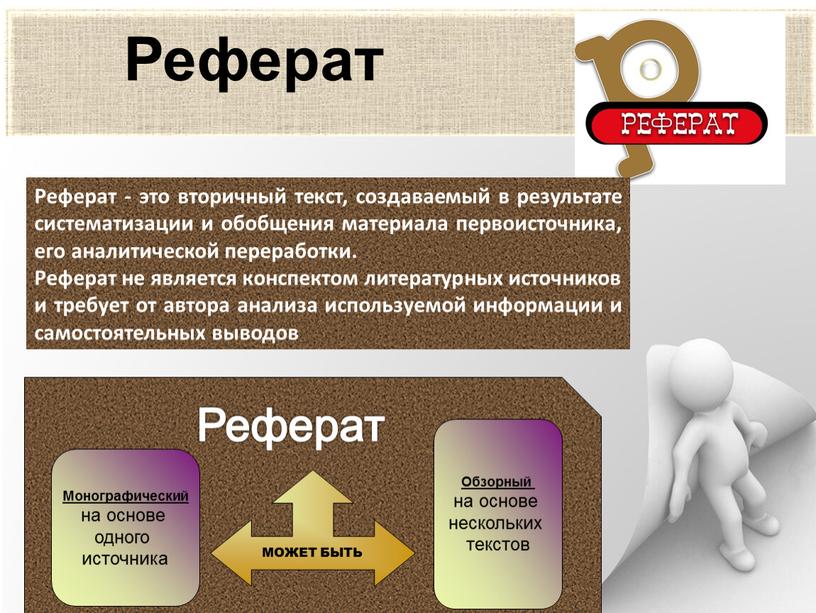 Реферат Реферат - это вторичный текст, создаваемый в результате систематизации и обобщения материала первоисточника, его аналитической переработки