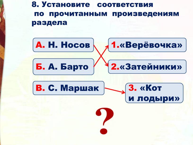 Установите соответствия по прочитанным произведениям раздела