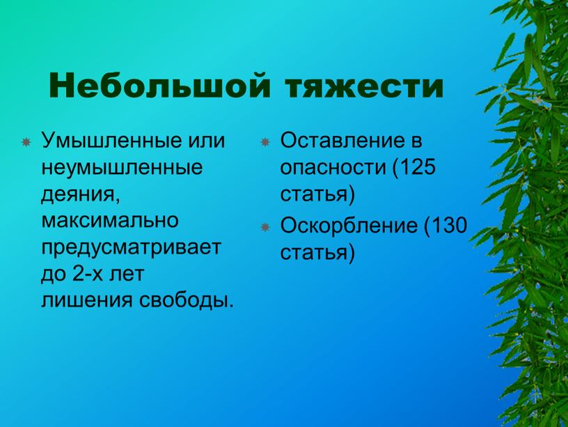 Небольшой тяжести Умышленные или неумышленные деяния, максимально предусматривает до 2-х лет лишения свободы