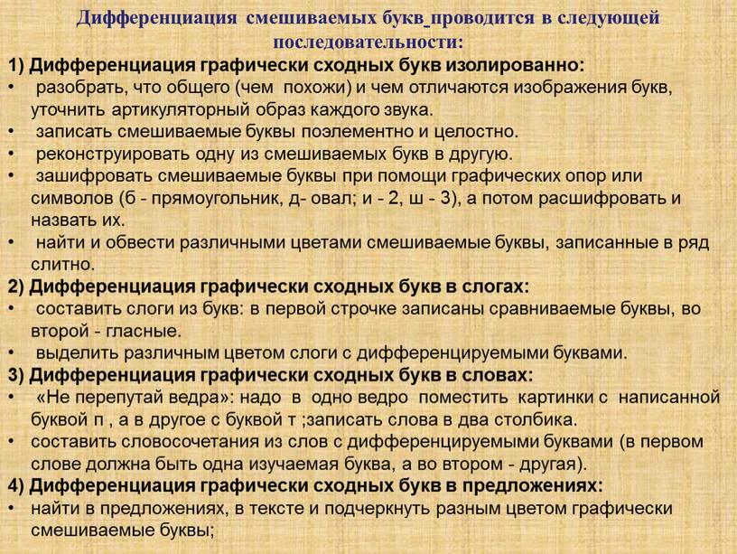 Дифференциация смешиваемых букв проводится в следующей последовательности: 1)