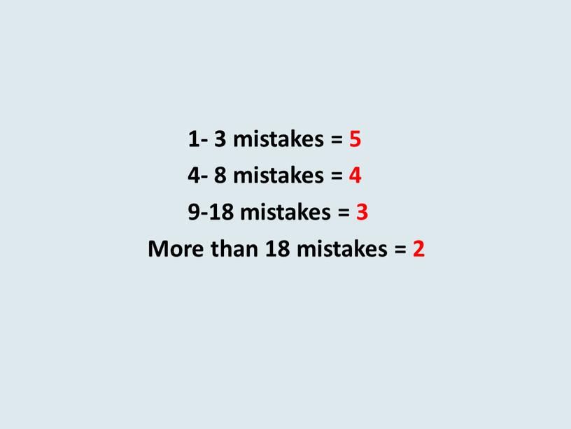 1- 3 mistakes = 5 4- 8 mistakes = 4 9-18 mistakes = 3 More than 18 mistakes = 2