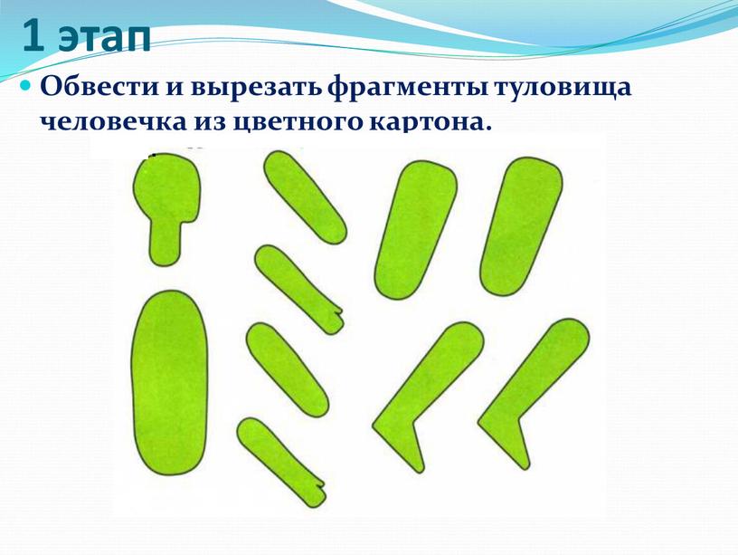 Обвести и вырезать фрагменты туловища человечка из цветного картона