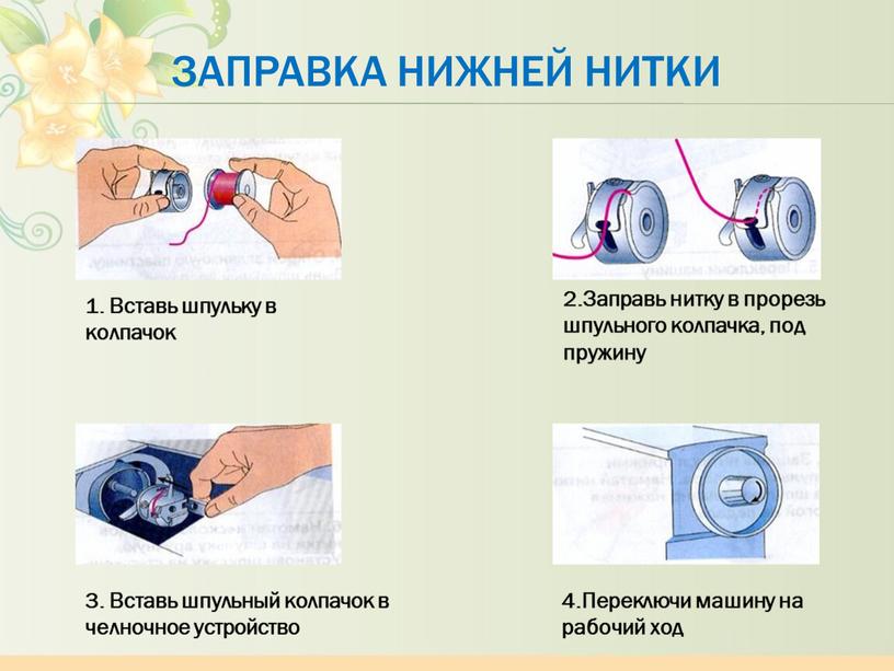 Заправка нижней нитки 1. Вставь шпульку в колпачок 2