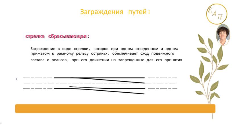 Заграждение в виде стрелки, которое при одном отведенном и одном прижатом к рамному рельсу остряках, обеспечивает сход подвижного состава с рельсов, при его движении на…