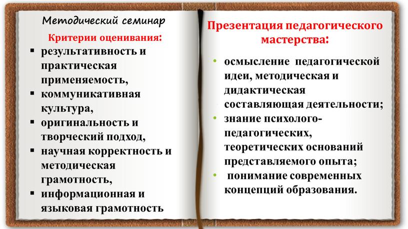 Методический семинар Критерии оценивания: результативность и практическая применяемость, коммуникативная культура, оригинальность и творческий подход, научная корректность и методическая грамотность, информационная и языковая грамотность