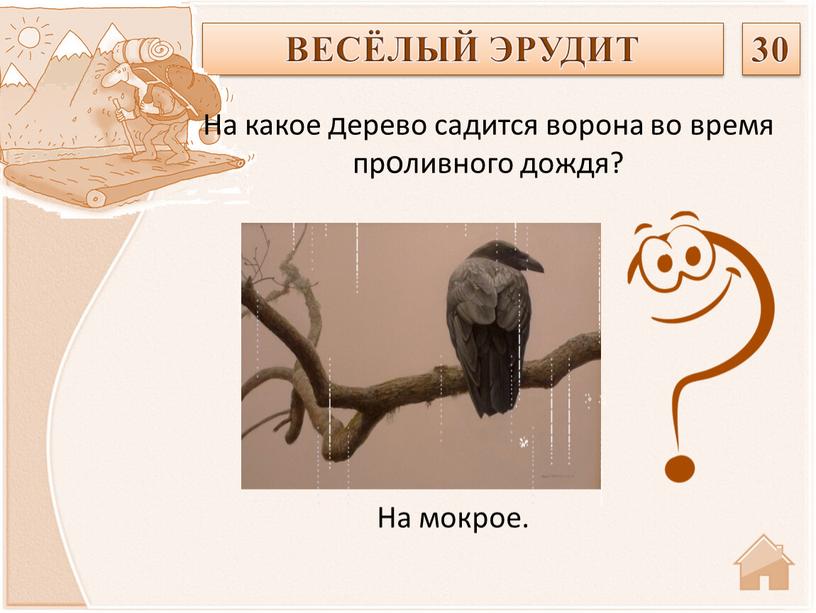 На мокрое. ВЕСЁЛЫЙ ЭРУДИТ 30 На какое дерево садится ворона во время проливного дождя?