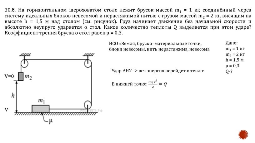 На горизонтальном шероховатом столе лежит брусок массой m1 = 1 кг, соединённый через систему идеальных блоков невесомой и нерастяжимой нитью с грузом массой m2 =…