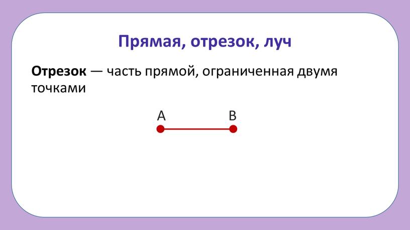 Прямая, отрезок, луч Отрезок — часть прямой, ограниченная двумя точками