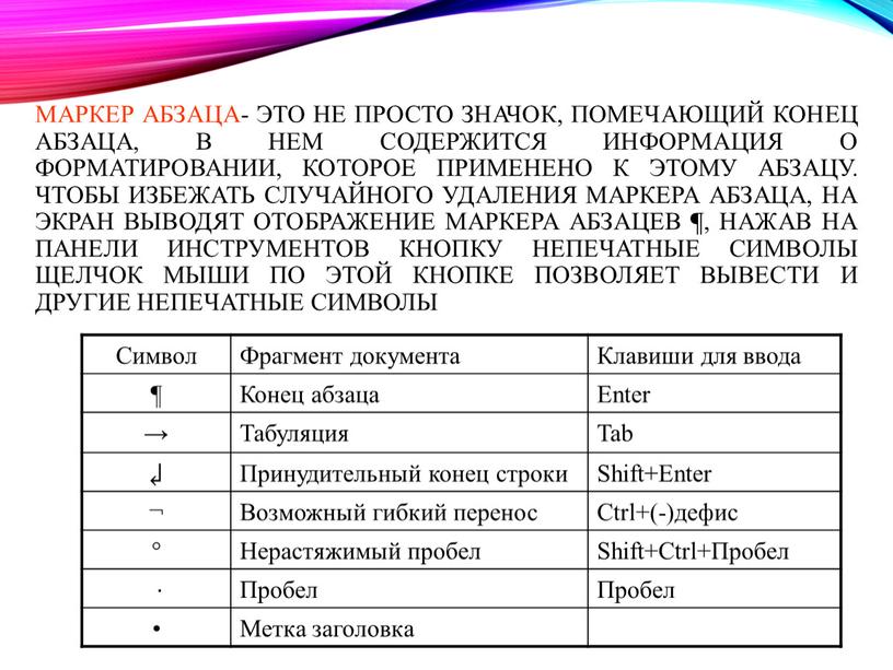 Маркер абзаца- это не просто значок, помечающий конец абзаца, в нем содержится информация о форматировании, которое применено к этому абзацу