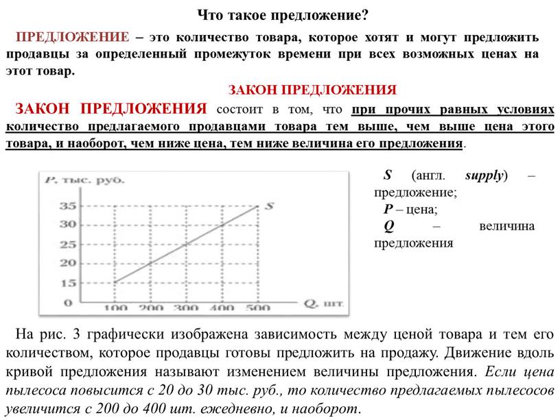 Что такое предложение? ПРЕДЛОЖЕНИЕ – это количество товара, которое хотят и могут предложить продавцы за определенный промежуток времени при всех возможных ценах на этот товар