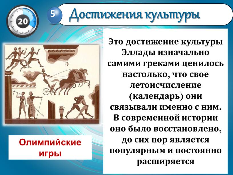 Это достижение культуры Эллады изначально самими греками ценилось настолько, что свое летоисчисление (календарь) они связывали именно с ним