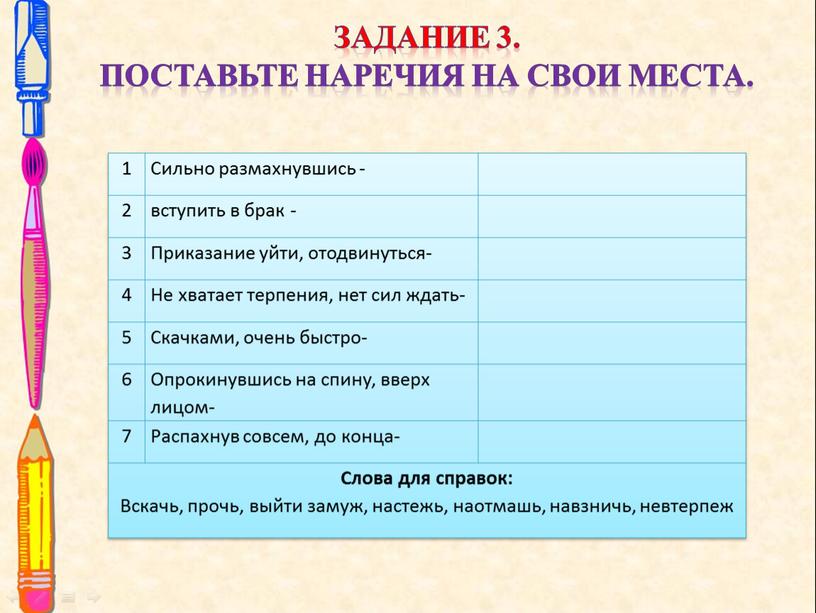 Задание 3. Поставьте наречия на свои места