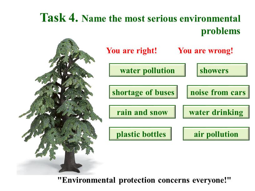 Task 4. Name the most serious environmental problems water pollution water drinking showers plastic bottles noise from cars shortage of buses rain and snow air…