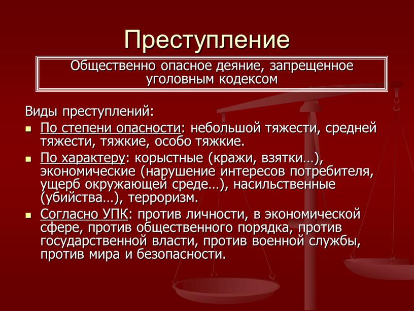 Преступление Виды преступлений: