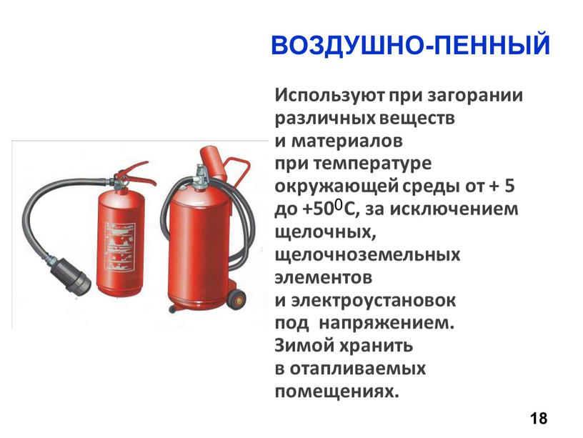 Используют при загорании различных веществ и материалов при температуре окружающей среды от + 5 до +50