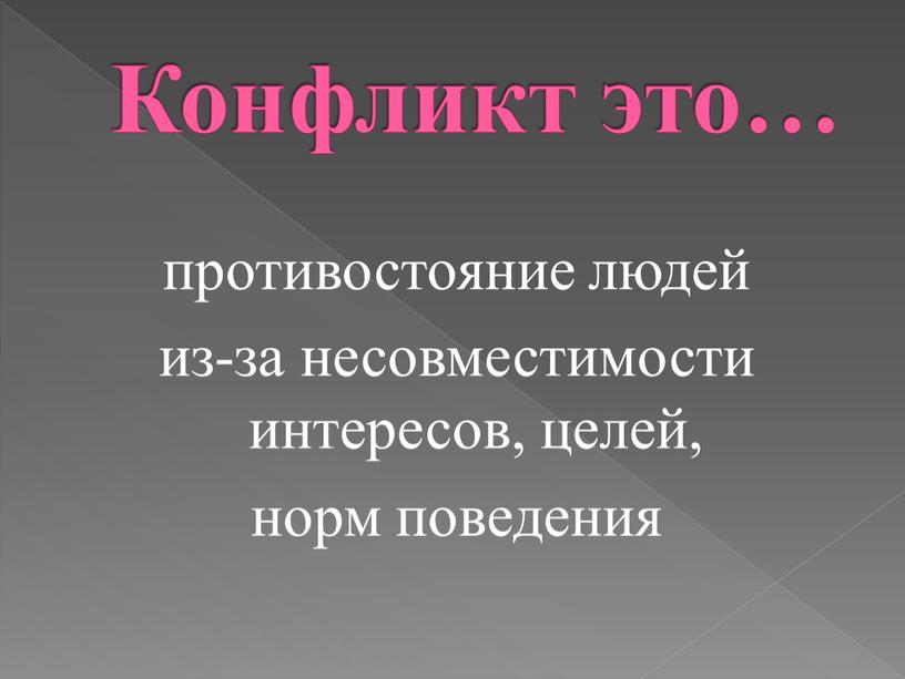 Конфликт это… противостояние людей из-за несовместимости интересов, целей, норм поведения