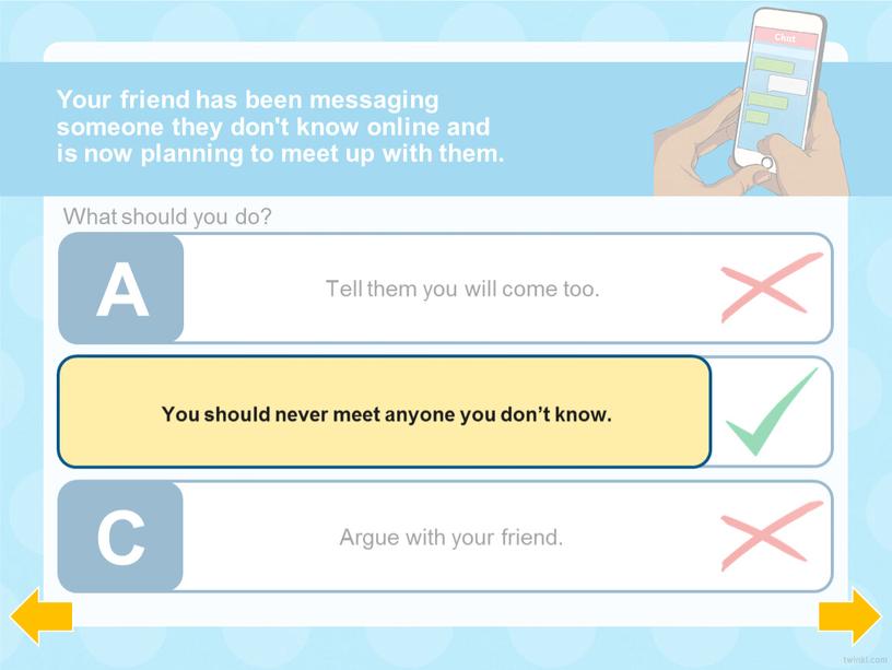 Tell an adult you trust. Your friend has been messaging someone they don't know online and is now planning to meet up with them