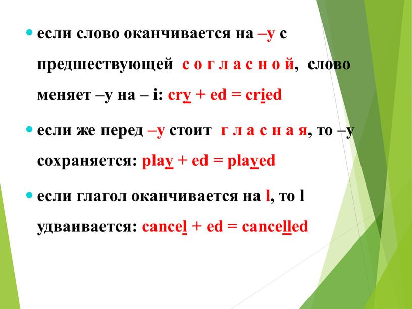 если слово оканчивается на –у с предшествующей с о г л а с н о й, слово меняет –у на – i: cry + ed…