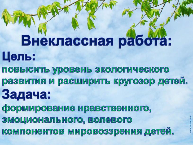 Внеклассная работа: Цель: повысить уровень экологического развития и расширить кругозор детей