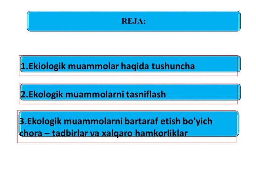 Ekologik muammo – tabiat komponentlarining (tog jinsi, rel'ef, iqlim, suv, havo, o’simlik, hayvonot) rivojini, atrof-muhitni va ekologik tizimni salbiy jihatdan o’zgarishidir.