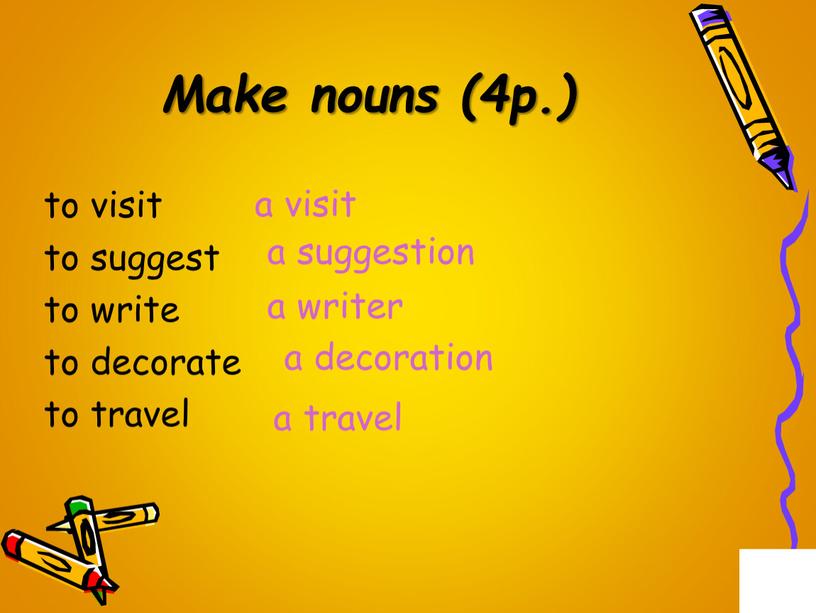 Make nouns (4p.) to visit to suggest to write to decorate to travel a visit a suggestion a writer a decoration a travel