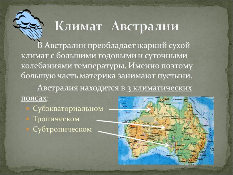 В Австралии преобладает жаркий сухой климат с большими годовыми и суточными колебаниями температуры