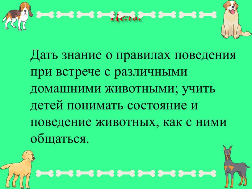 Цель: Дать знание о правилах поведения при встрече с различными домашними животными; учить детей понимать состояние и поведение животных, как с ними общаться