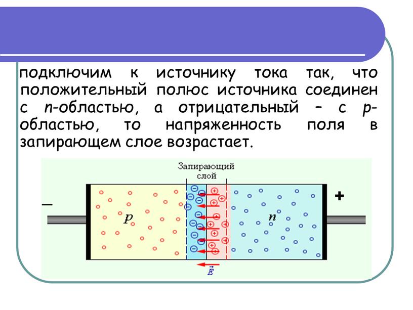 подключим к источнику тока так, что положительный полюс источника соединен с n -областью, а отрицательный – с p -областью, то напряженность поля в запирающем слое…