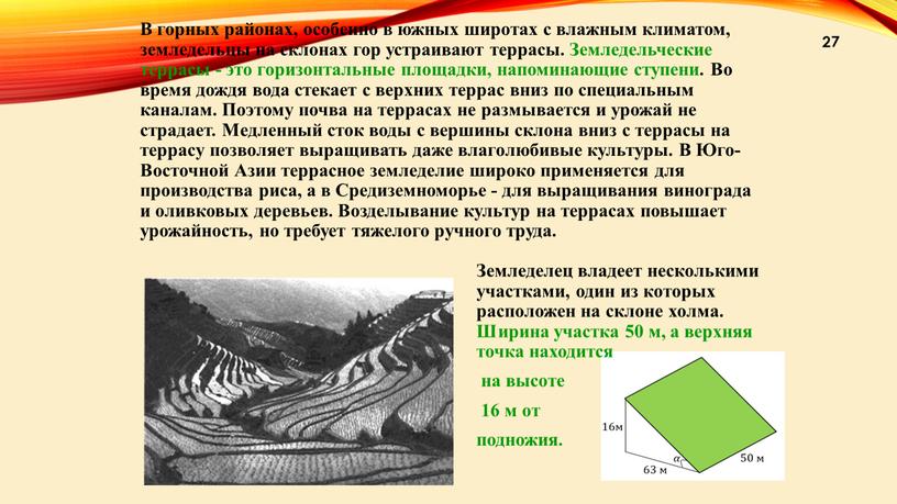 В горных районах, особенно в южных широтах с влажным климатом, земледельцы на склонах гор устраивают террасы