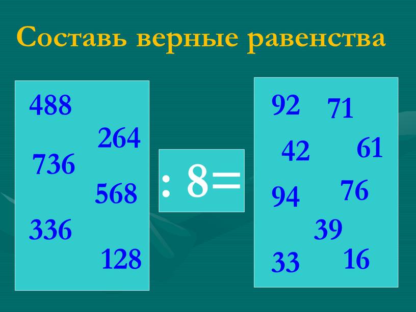 Составь верные равенства : 8= 488 568 336 128 264 736 42 33 76 61 92 16 71 94 39