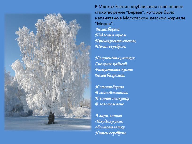 В Москве Есенин опубликовал своё первое стихотворение “Береза”, которое было напечатано в