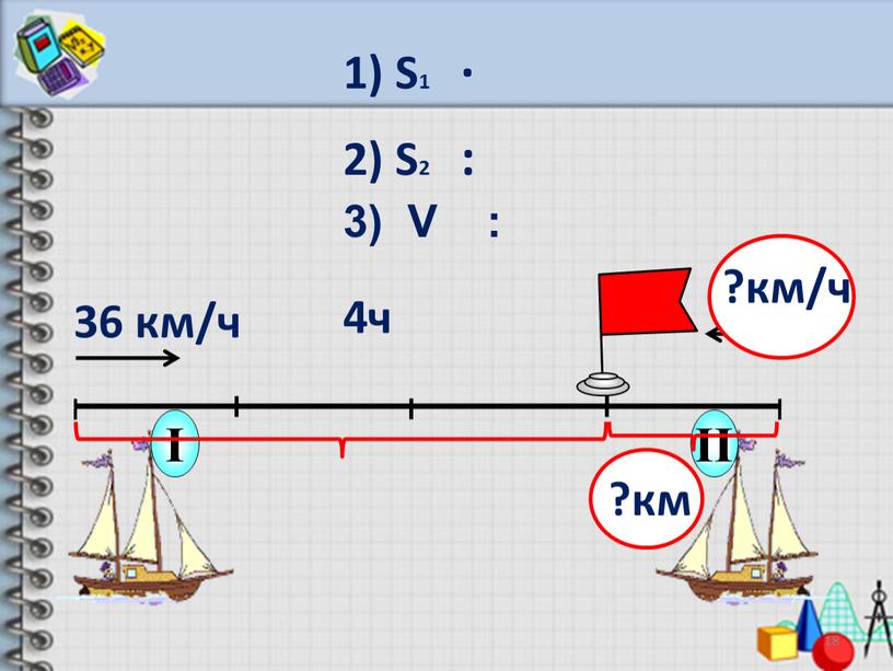 S1 ∙ 2) S2 : 36 км/ч 4ч ?км 18 ?км/ч 3)