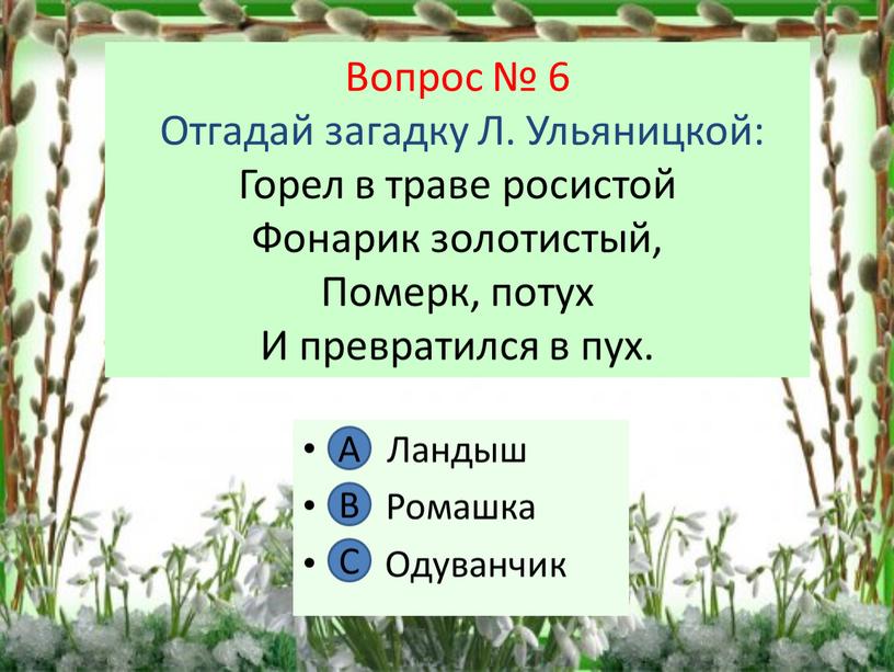 Вопрос № 6 Отгадай загадку Л.