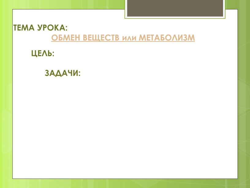 ТЕМА УРОКА: ОБМЕН ВЕЩЕСТВ или