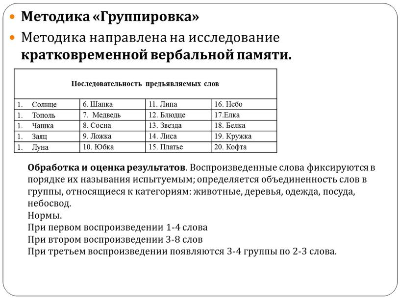 Методика «Группировка» Методика направлена на исследование кратковременной вербальной памяти