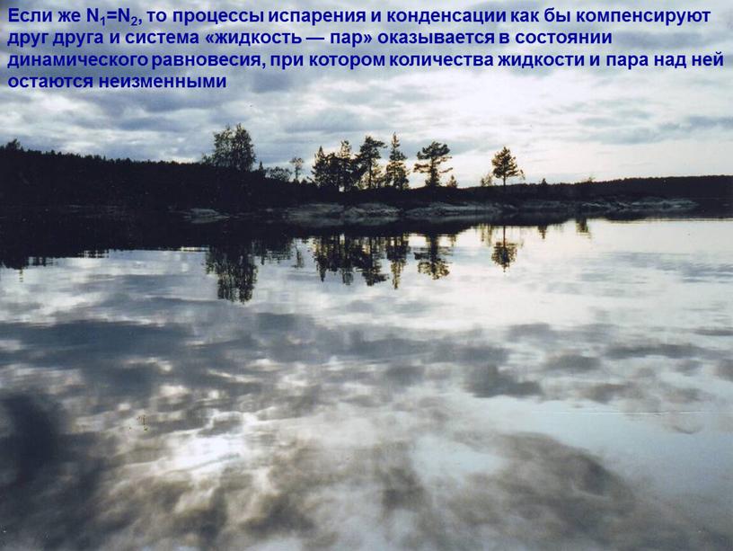 Если же N1=N2, то процессы испарения и конденсации как бы компенсируют друг друга и система «жидкость — пар» оказывается в состоянии динамического равновесия, при котором…