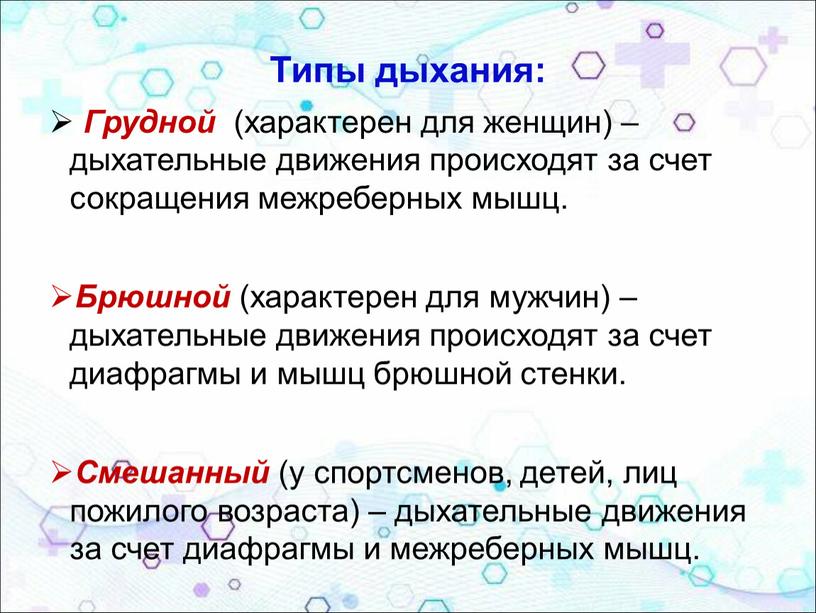 Типы дыхания: Грудной (характерен для женщин) – дыхательные движения происходят за счет сокращения межреберных мышц