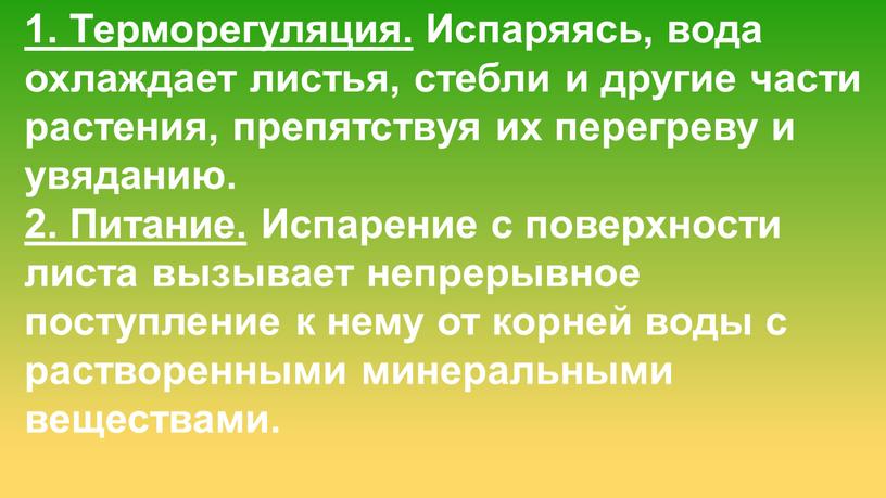 Терморегуляция. Испаряясь, вода охлаждает листья, стебли и другие части растения, препятствуя их перегреву и увяданию