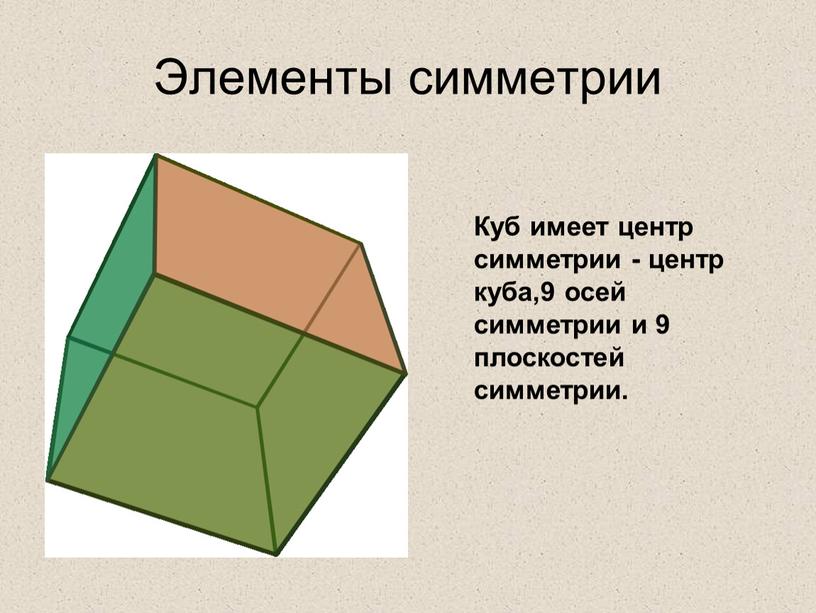 Элементы симметрии Куб имеет центр симметрии - центр куба,9 осей симметрии и 9 плоскостей симметрии