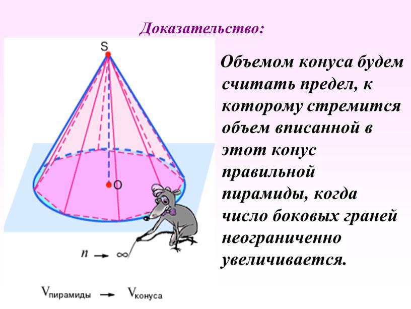 Объемом конуса будем считать предел, к которому стремится объем вписанной в этот конус правильной пирамиды, когда число боковых граней неограниченно увеличивается