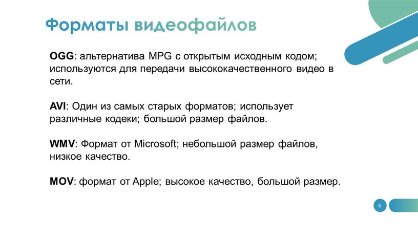 OGG : альтернатива MPG с открытым исходным кодом; используются для передачи высококачественного видео в сети