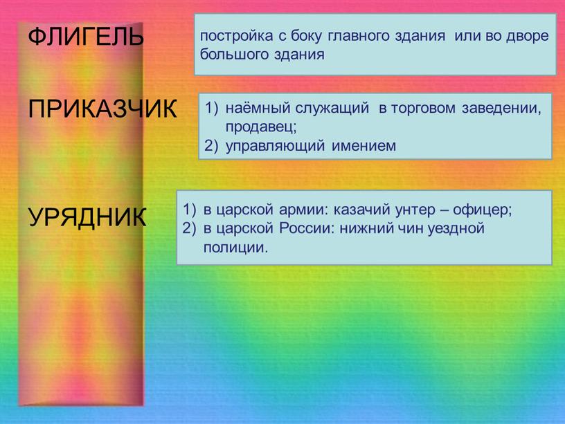 ФЛИГЕЛЬ ПРИКАЗЧИК УРЯДНИК постройка с боку главного здания или во дворе большого здания наёмный служащий в торговом заведении, продавец; управляющий имением в царской армии: казачий…