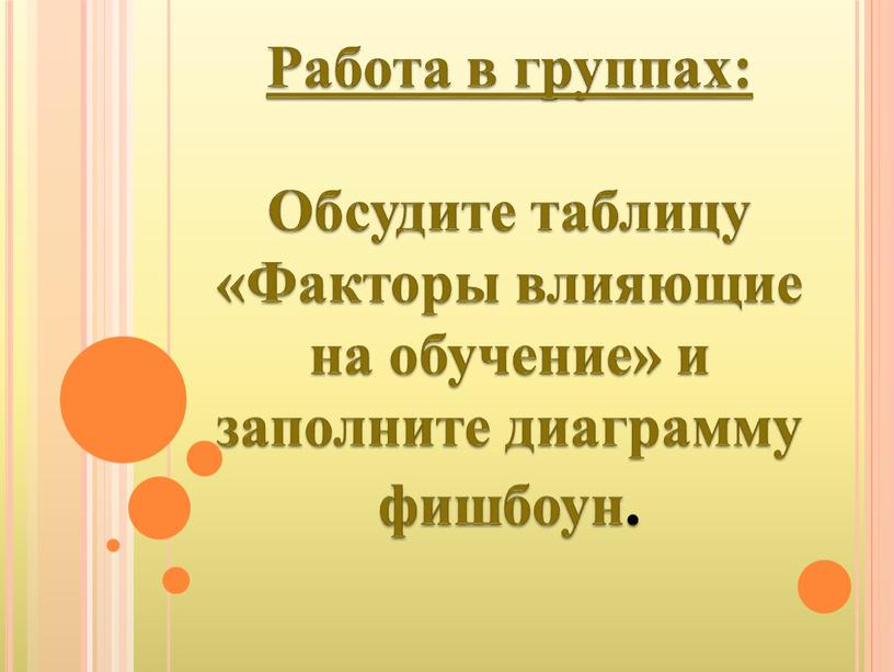 Работа в группах: Обсудите таблицу «Факторы влияющие на обучение» и заполните диаграмму фишбоун