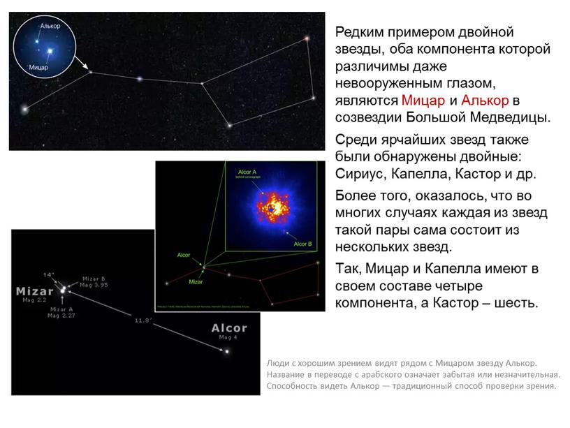 Редким примером двойной звезды, оба компонента которой различимы даже невооруженным глазом, являются